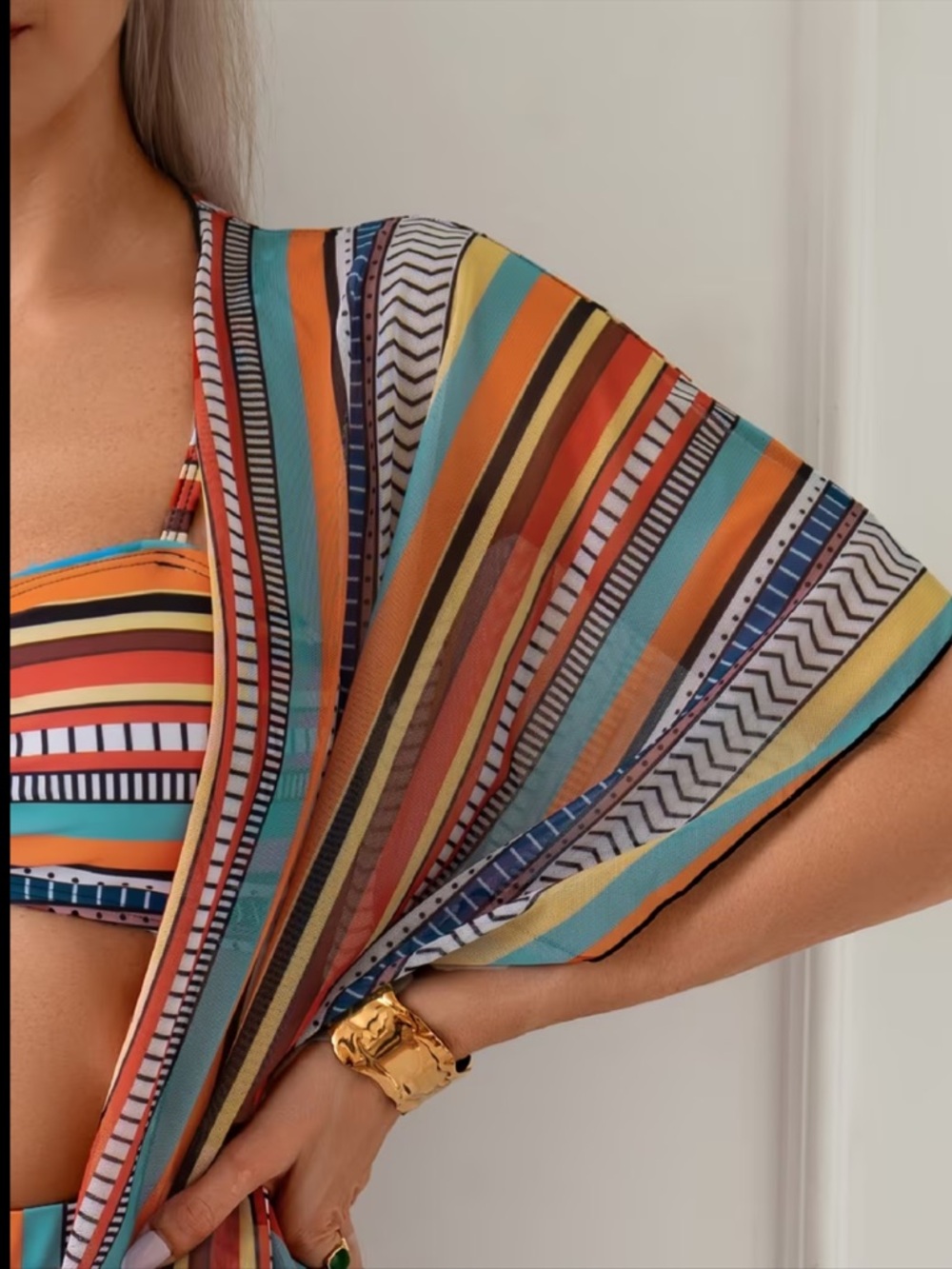 Striped Multicolor Bikini Set with Cover-Up - Picture 5 of 7